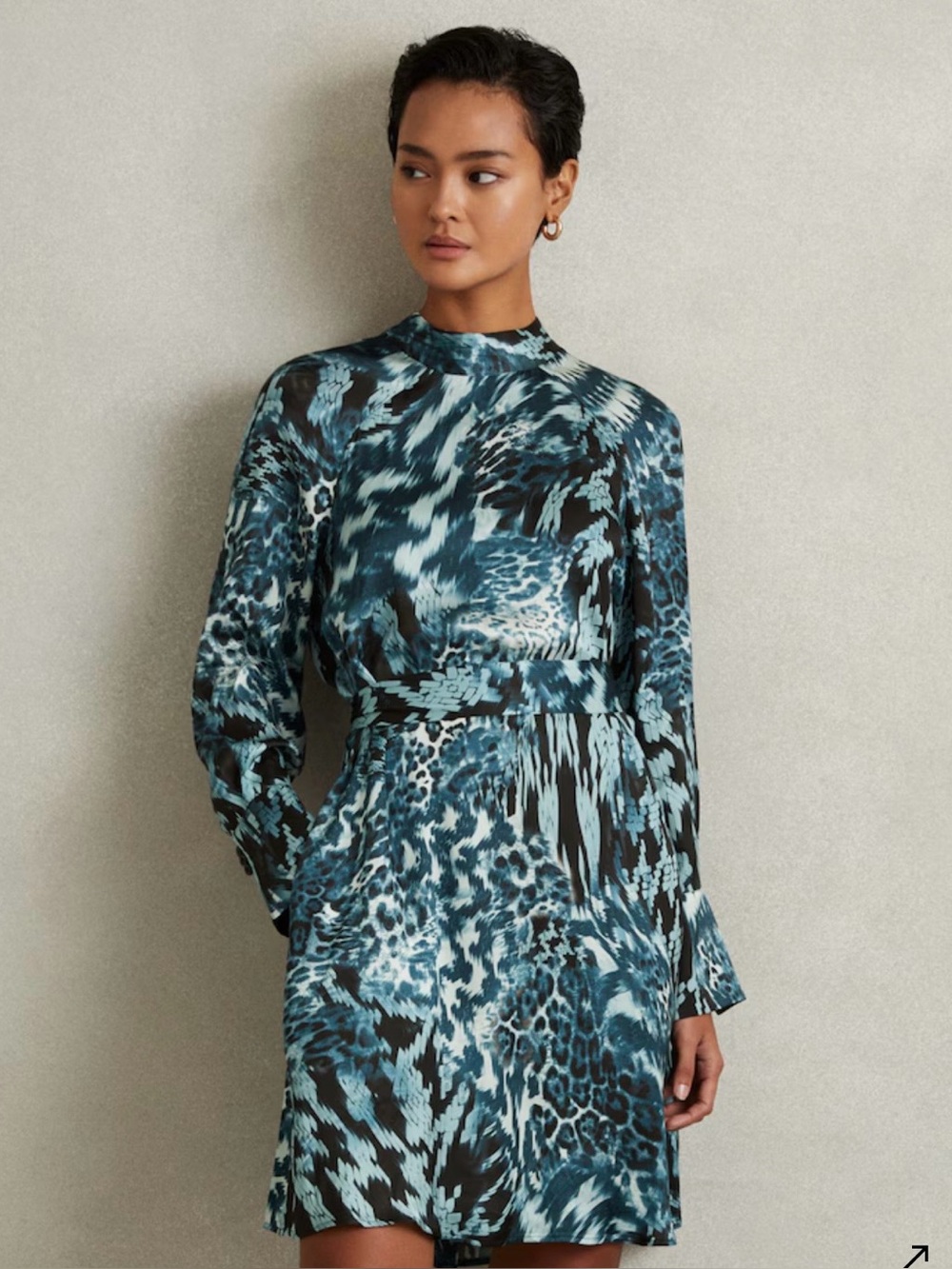 Reiss Teal and Black Abstract Animal-Print Long-Sleeve Mini Dress